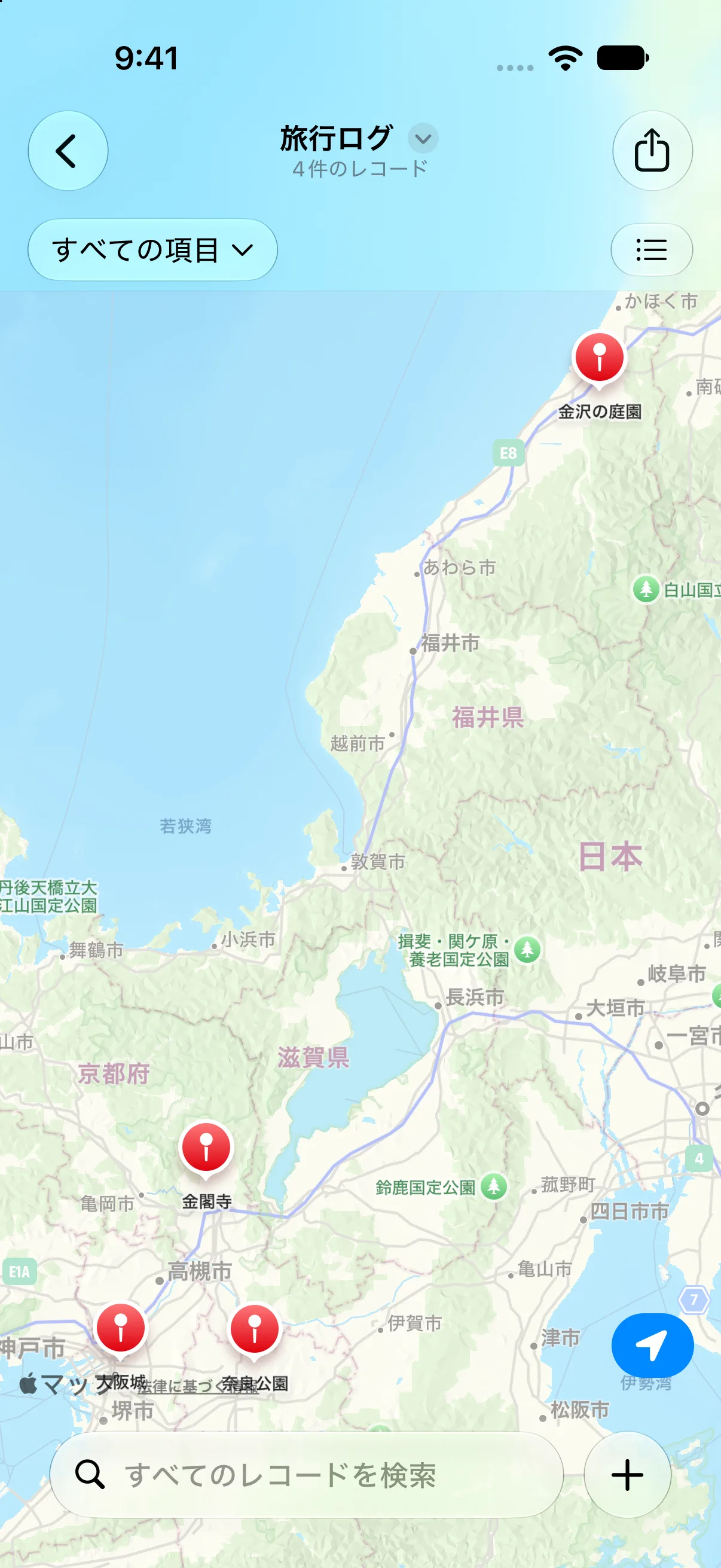 旅行ログを地図表示にしたiPhoneの画面