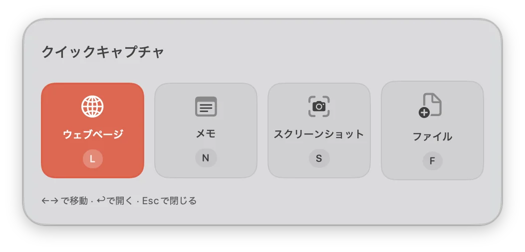 日本語版Crabwiseのクイックキャプチャ。ウェブページ、メモ、スクリーンショット、ファイルを選ぶパネル
