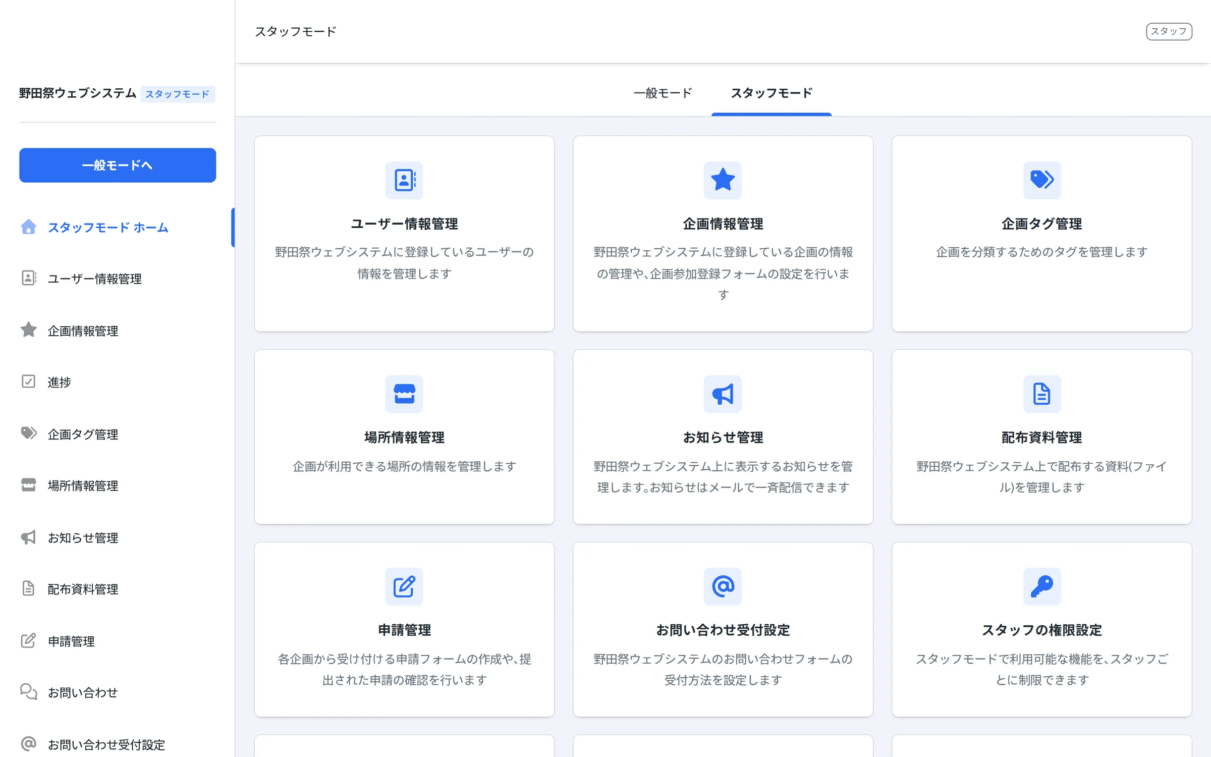 実行委員会が使う管理機能を並べた、ホーム画面