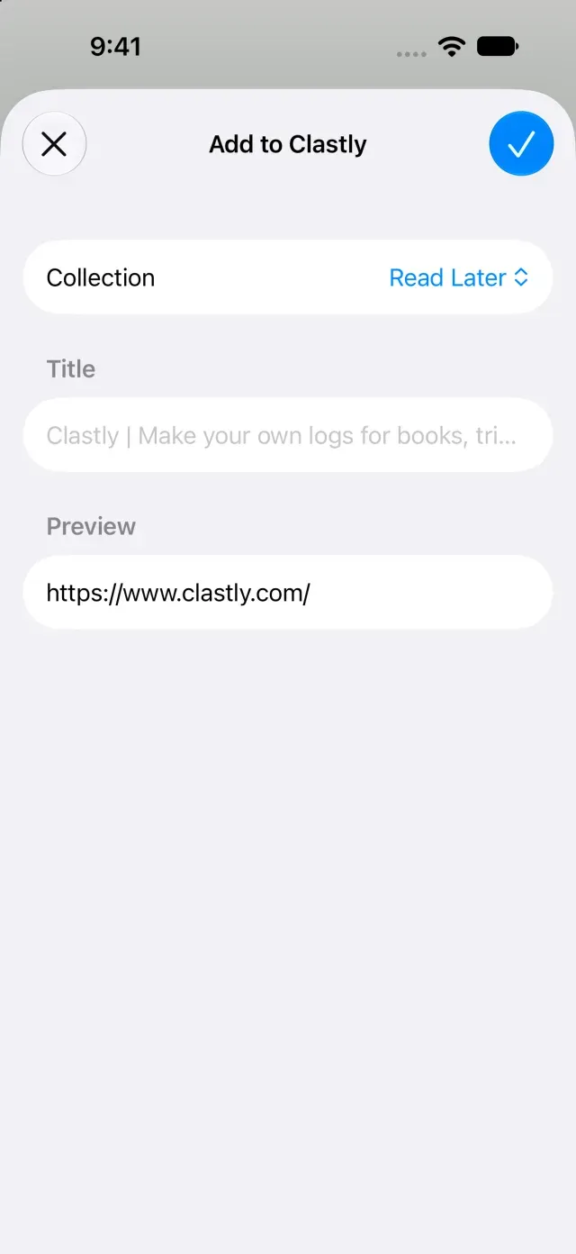 Screen for setting the destination collection and title of shared content