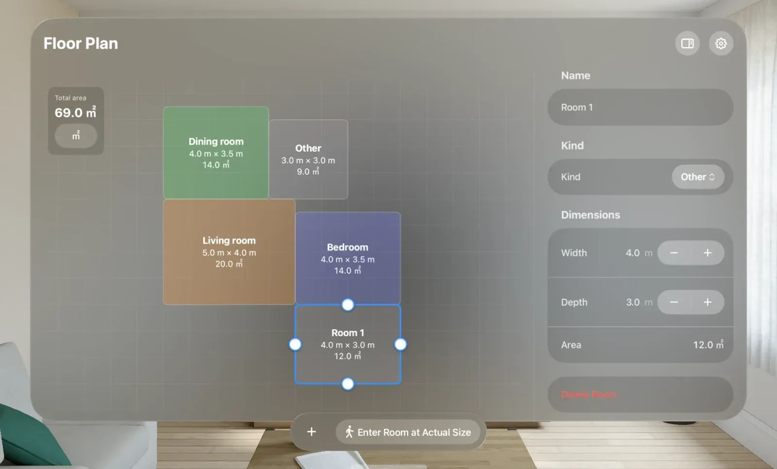 Floor plan with a newly added room selected