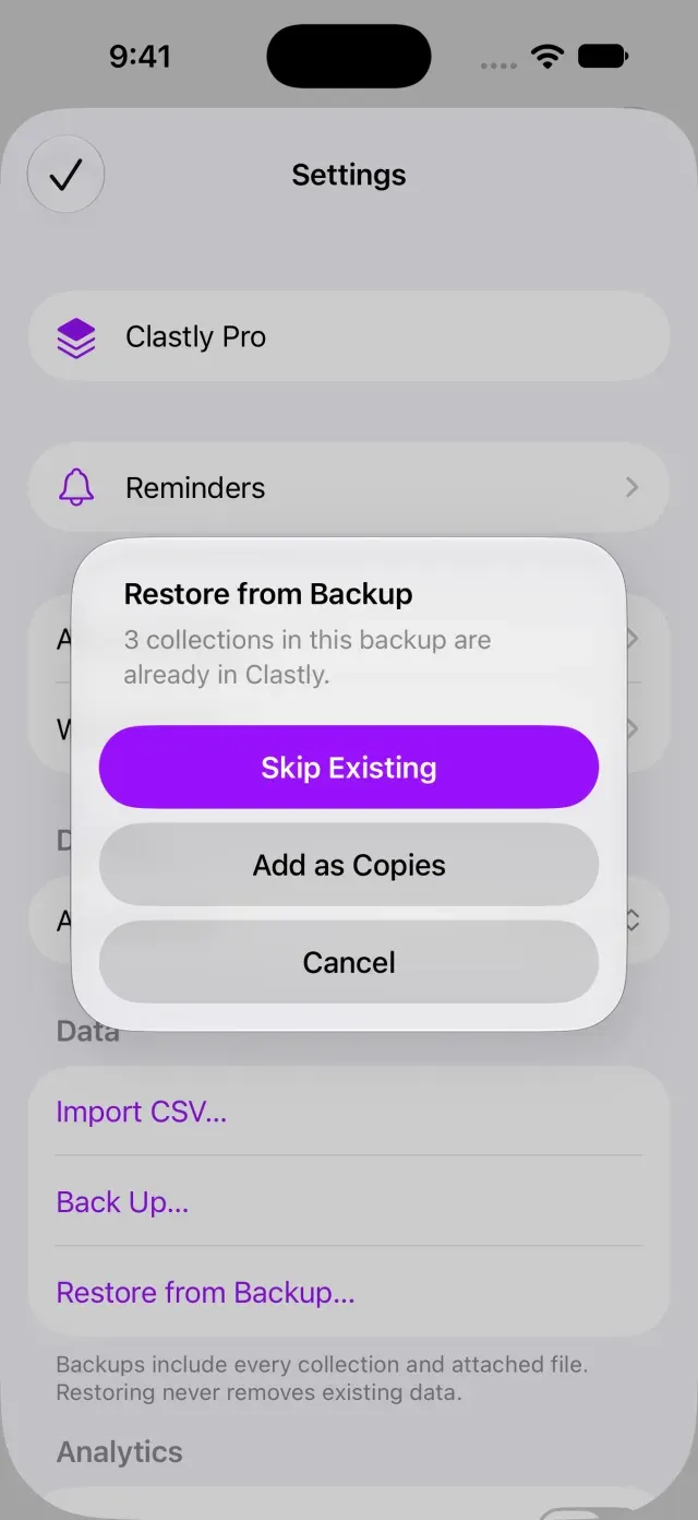 Screen for choosing how to restore duplicate collections