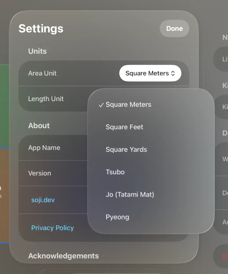Units settings with area choices including square meters, tsubo, and tatami mats
