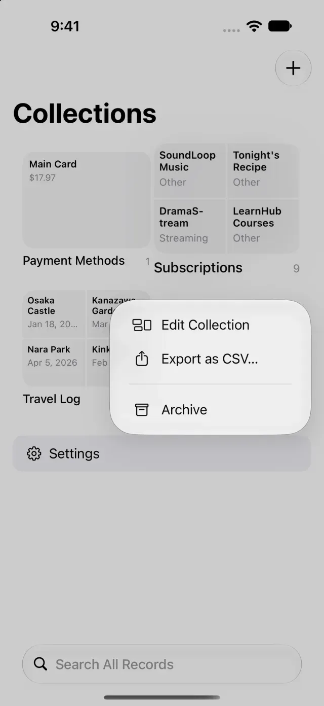 CSV export option in a collection menu