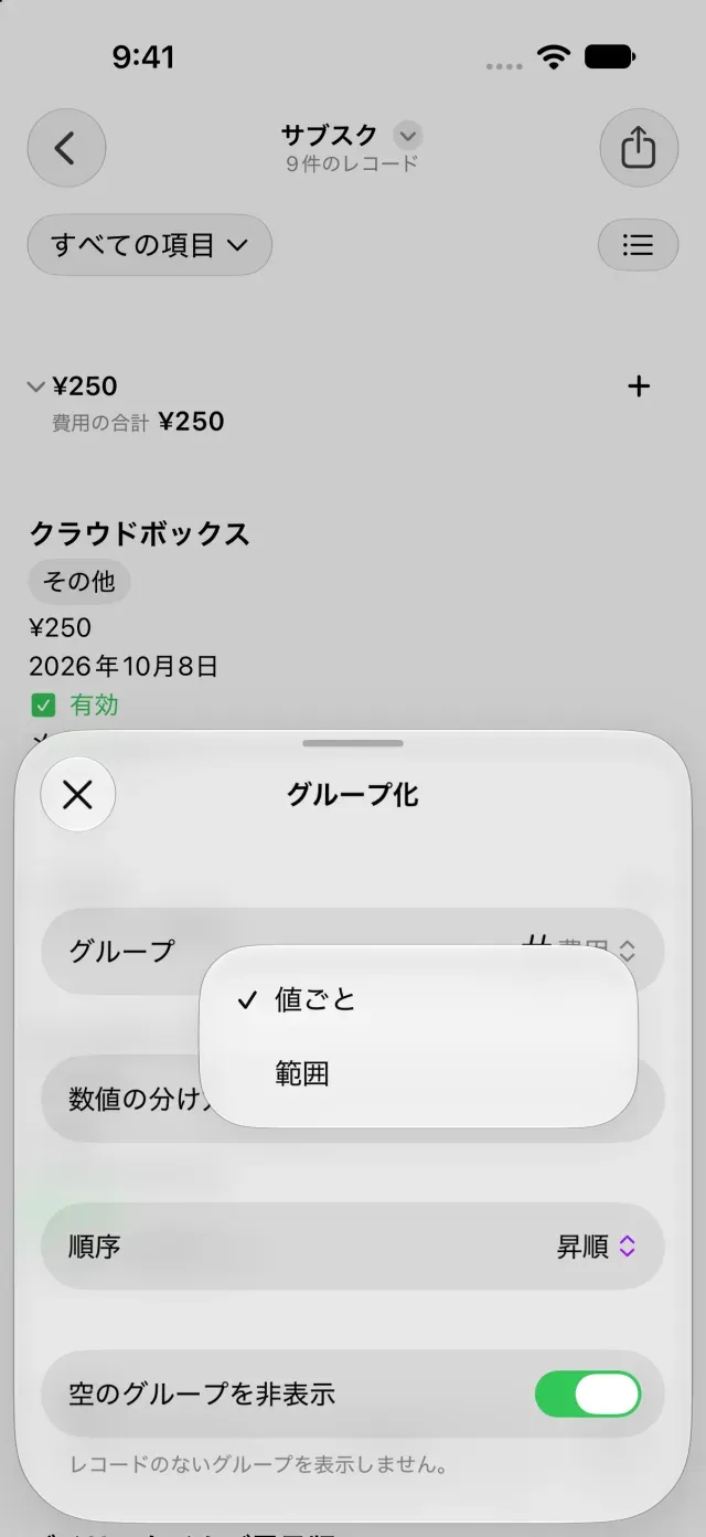 数値フィールドのグループ化の設定