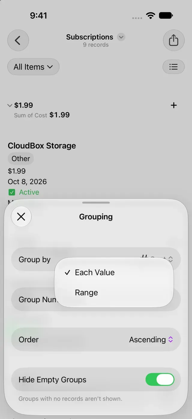 Grouping settings for a number field