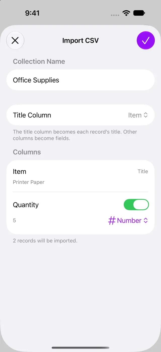 Screen for choosing the CSV title column and field types