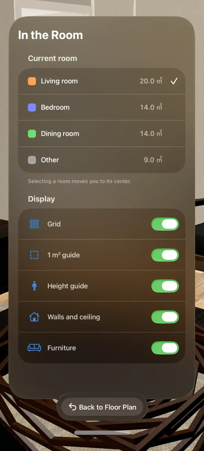 In the Room window with the Current room list and switches for the grid and other display options