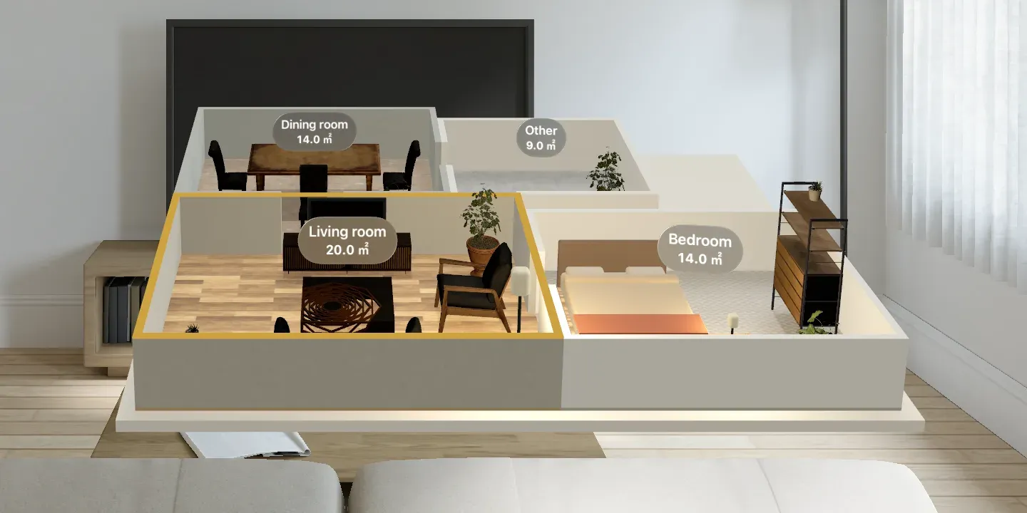 Tabletop-size 3D floor plan model with name and area labels above each room