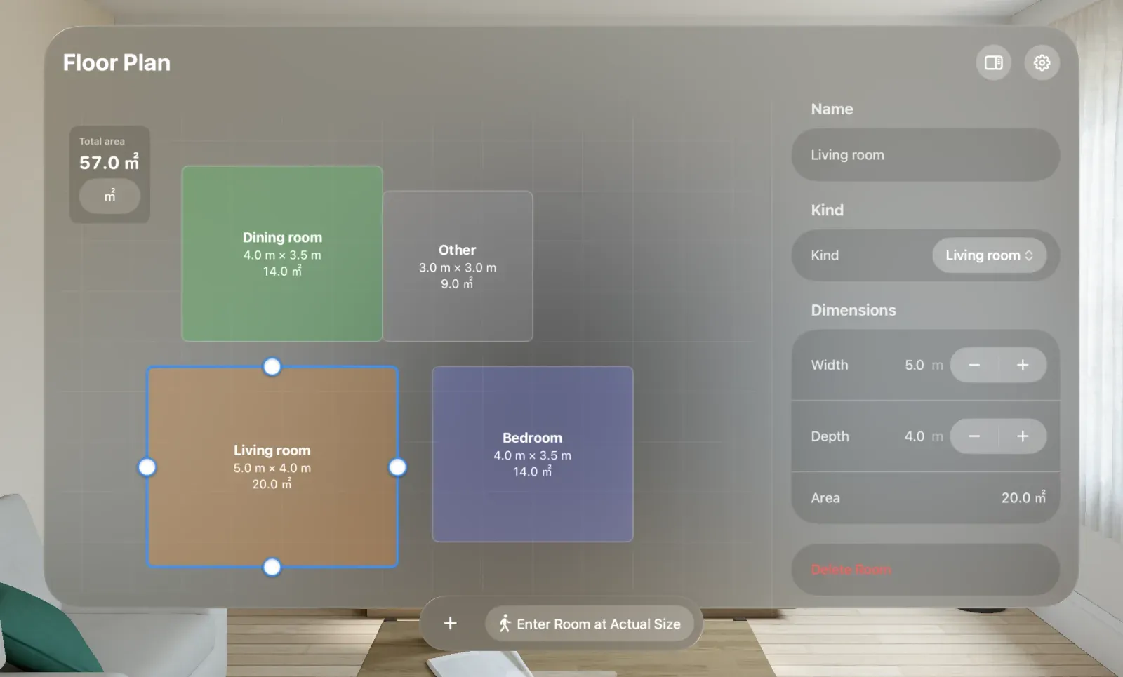 Floor plan with a dragged room approaching a neighboring room's edge