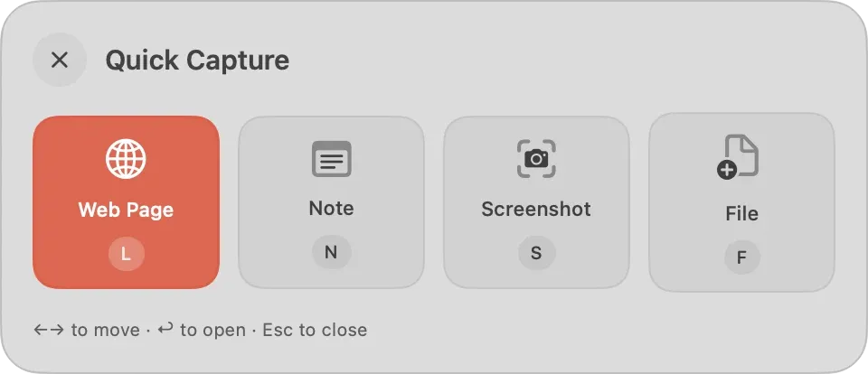 The Quick Capture panel with Web Page, Note, Screenshot, and File