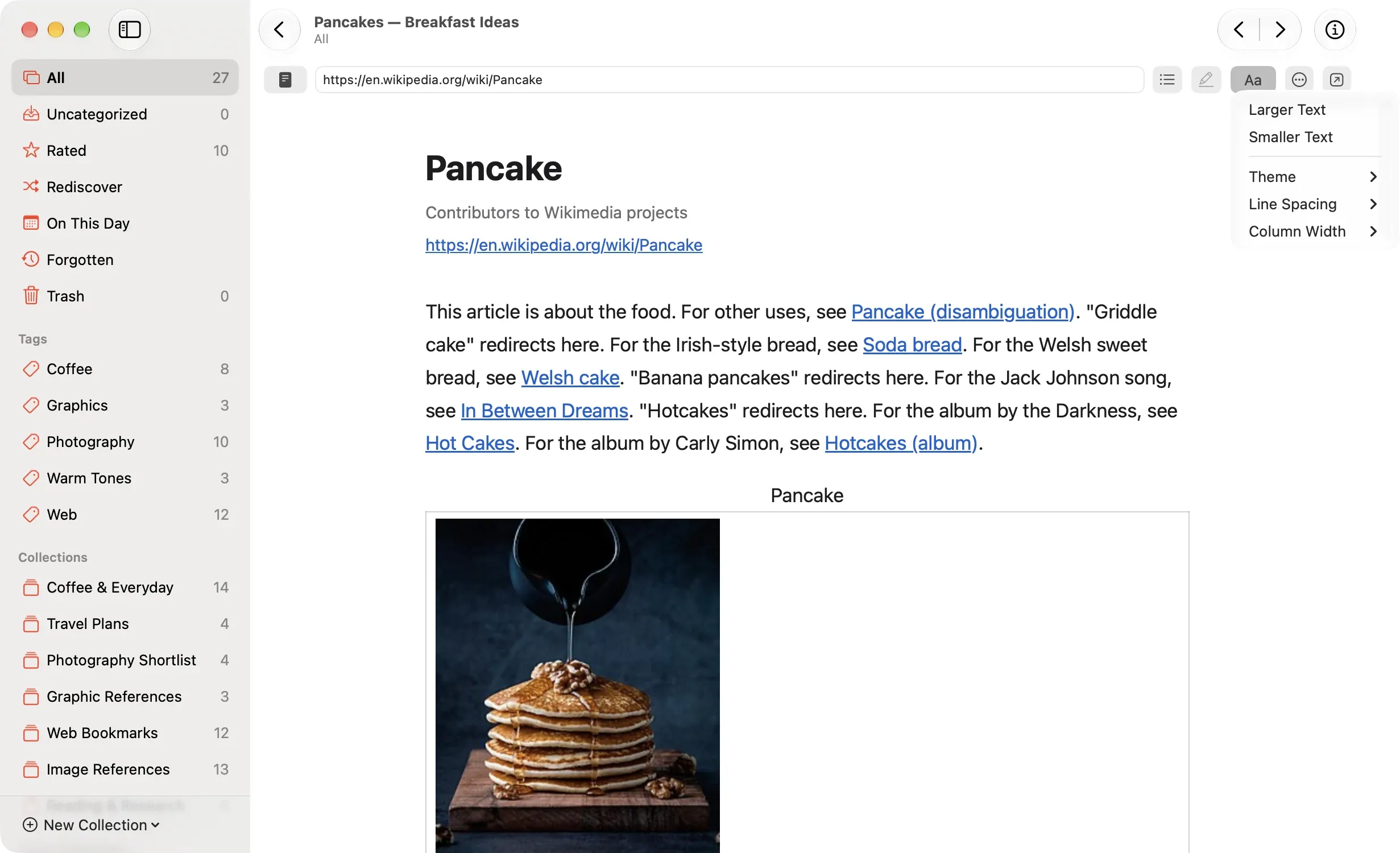 An article open in Reader. The Reader Appearance menu from the top bar lists Larger Text, Smaller Text, Theme, Line Spacing, and Column Width