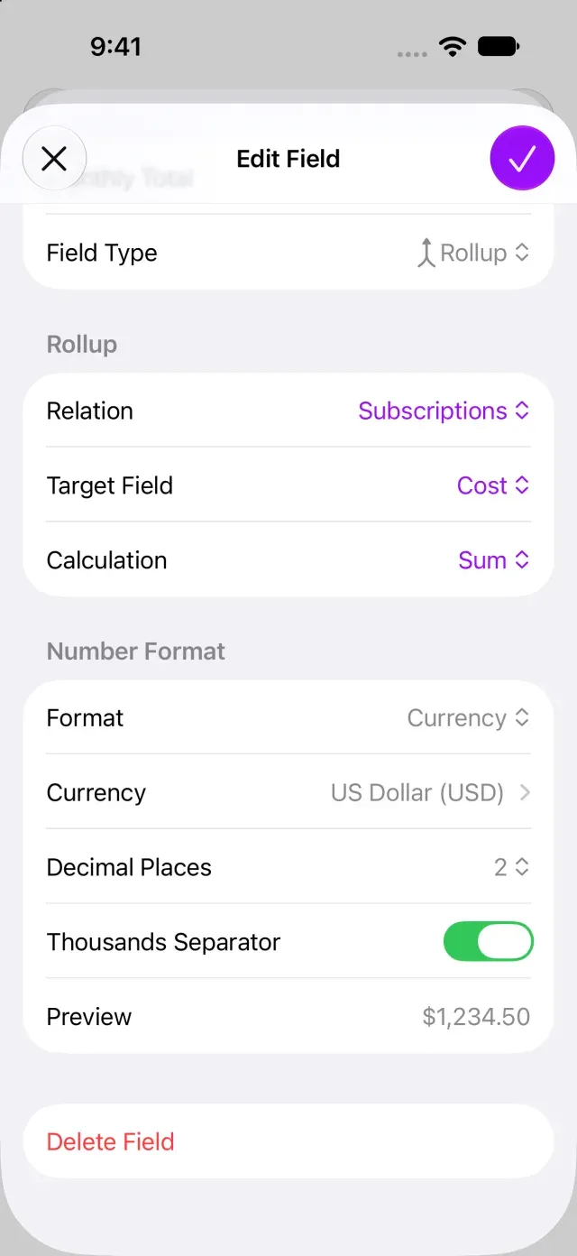 Rollup settings for Relation, Target Field, and Calculation