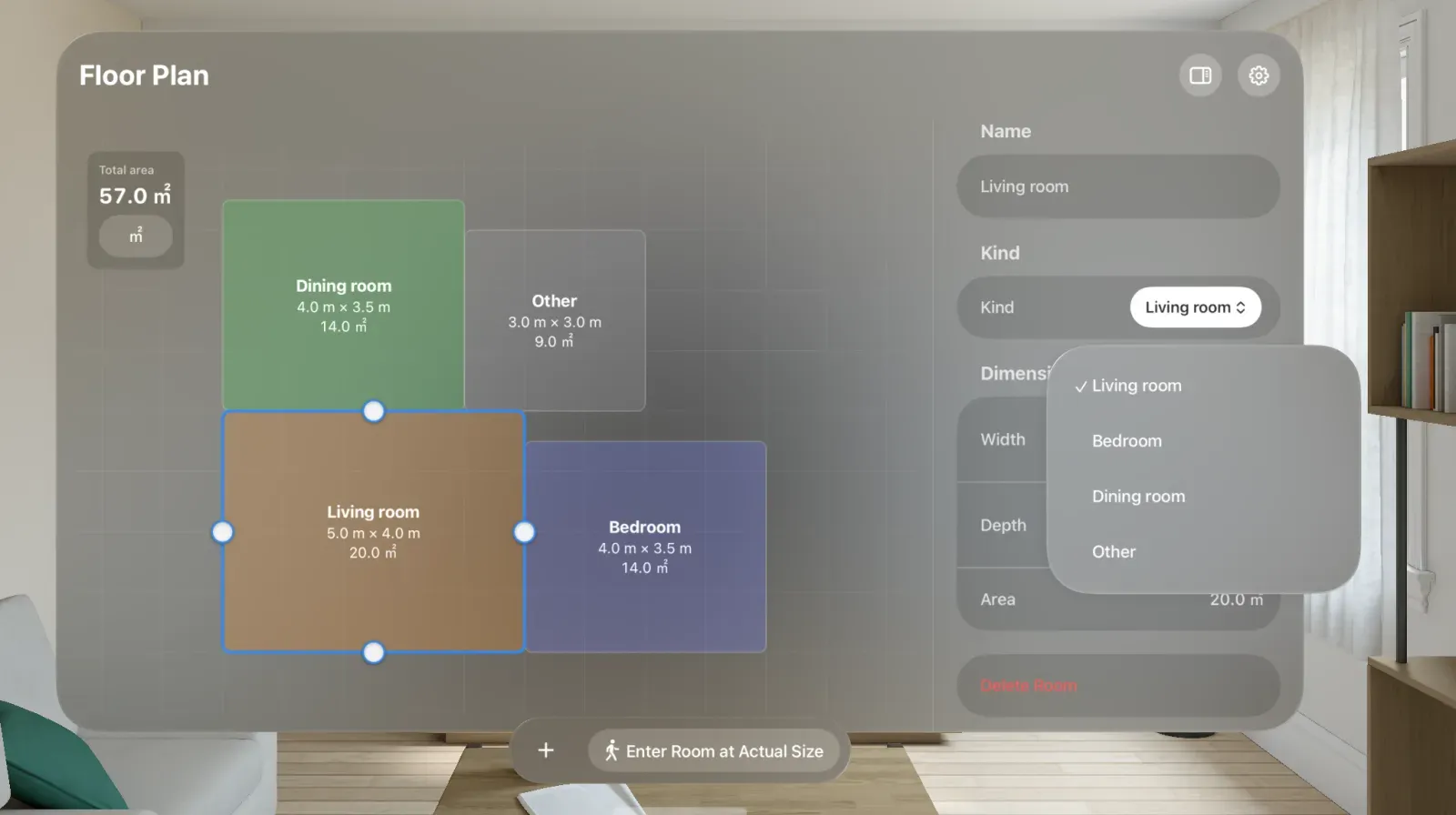 Inspector Kind menu with Living room, Bedroom, Dining room, and Other