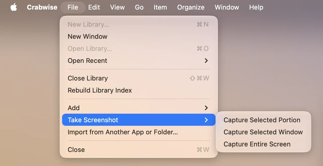 The Take Screenshot submenu in the File menu, listing Capture Selected Portion, Capture Selected Window, and Capture Entire Screen