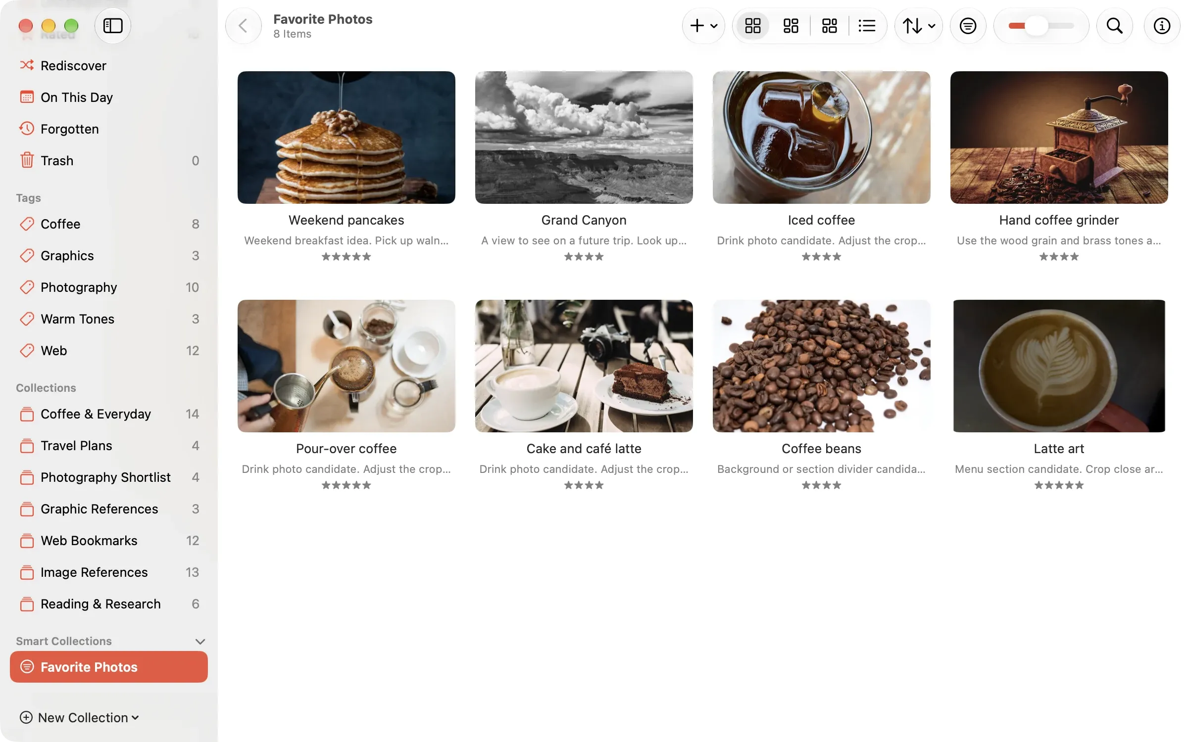 The Favorite Photos Smart Collection. It appears under Smart Collections in the sidebar, and the eight matching items are listed