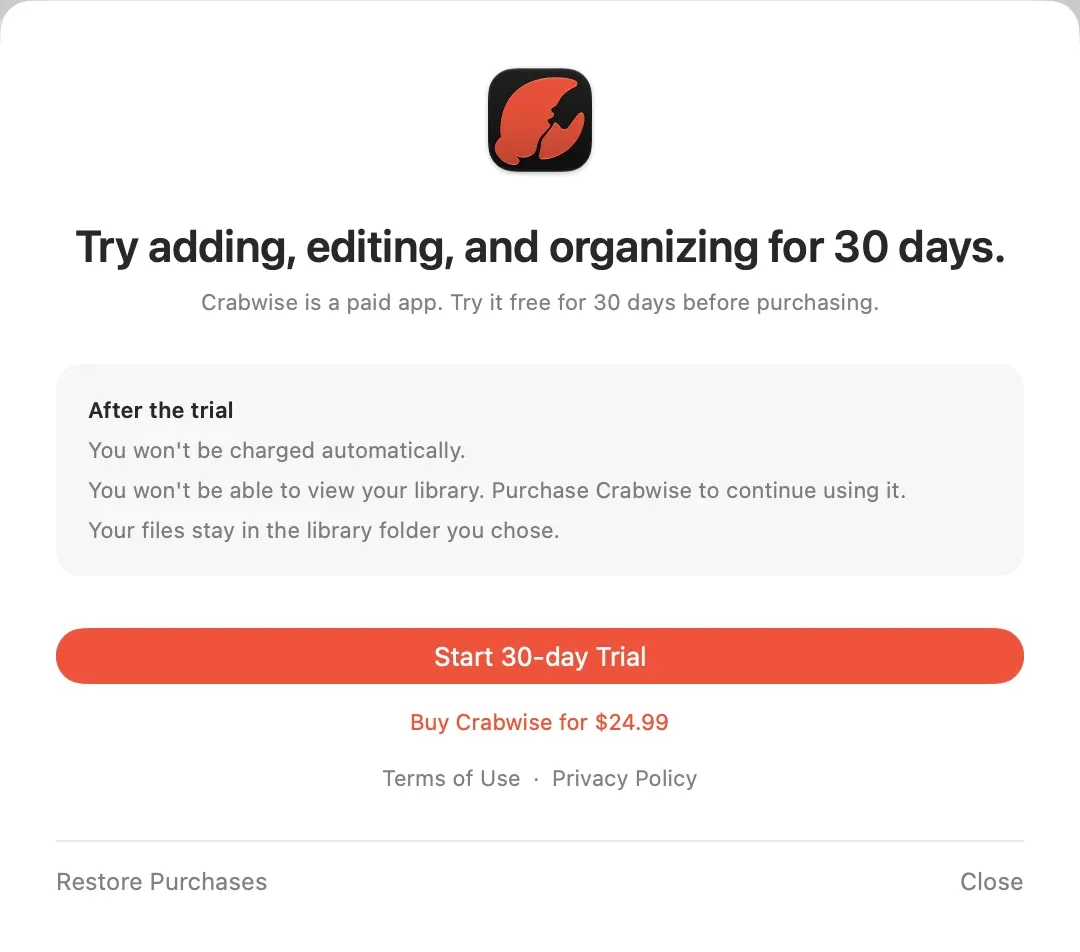 The Crabwise purchase sheet with the Start 30-day Trial button, the Buy Crabwise button, and an explanation of what happens after the trial