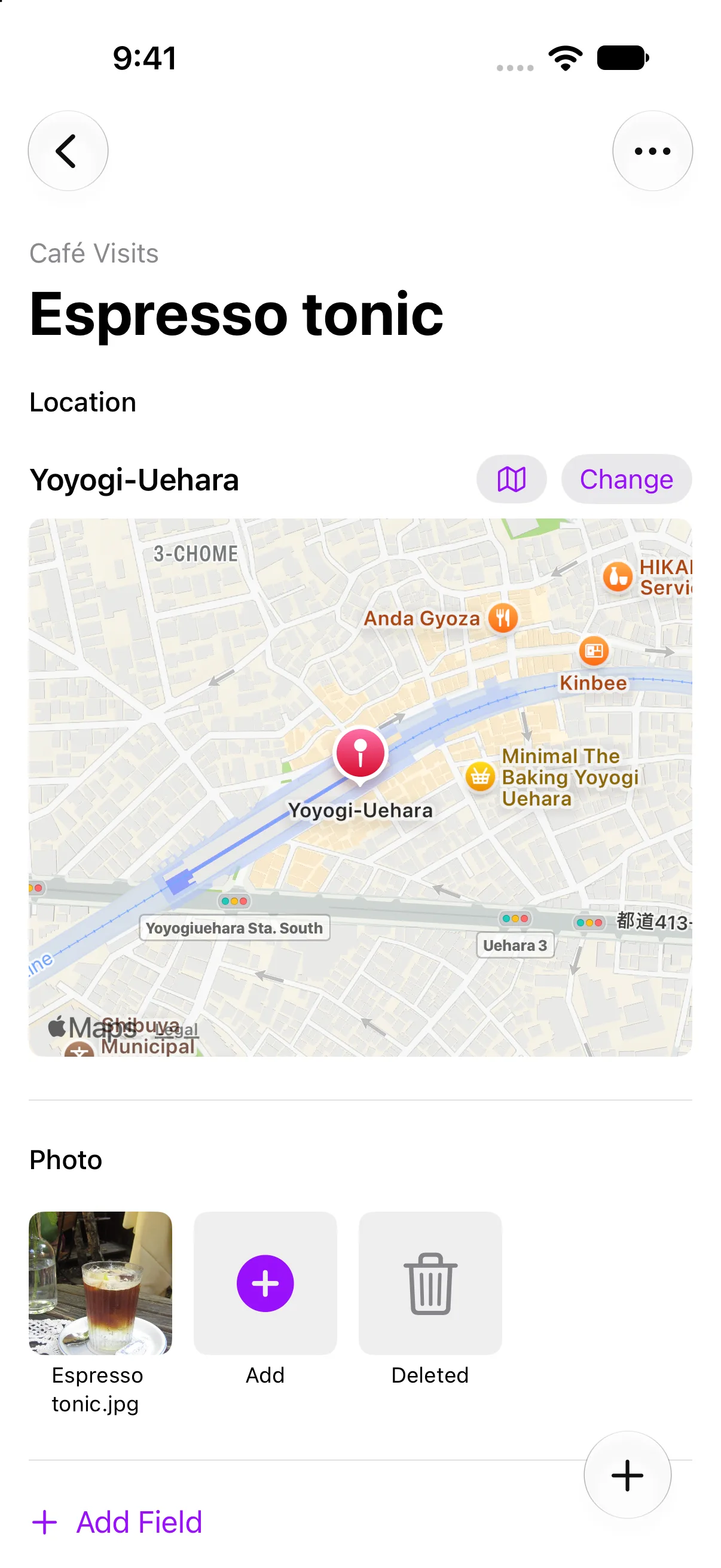 A café visit with its location and photo on iPhone