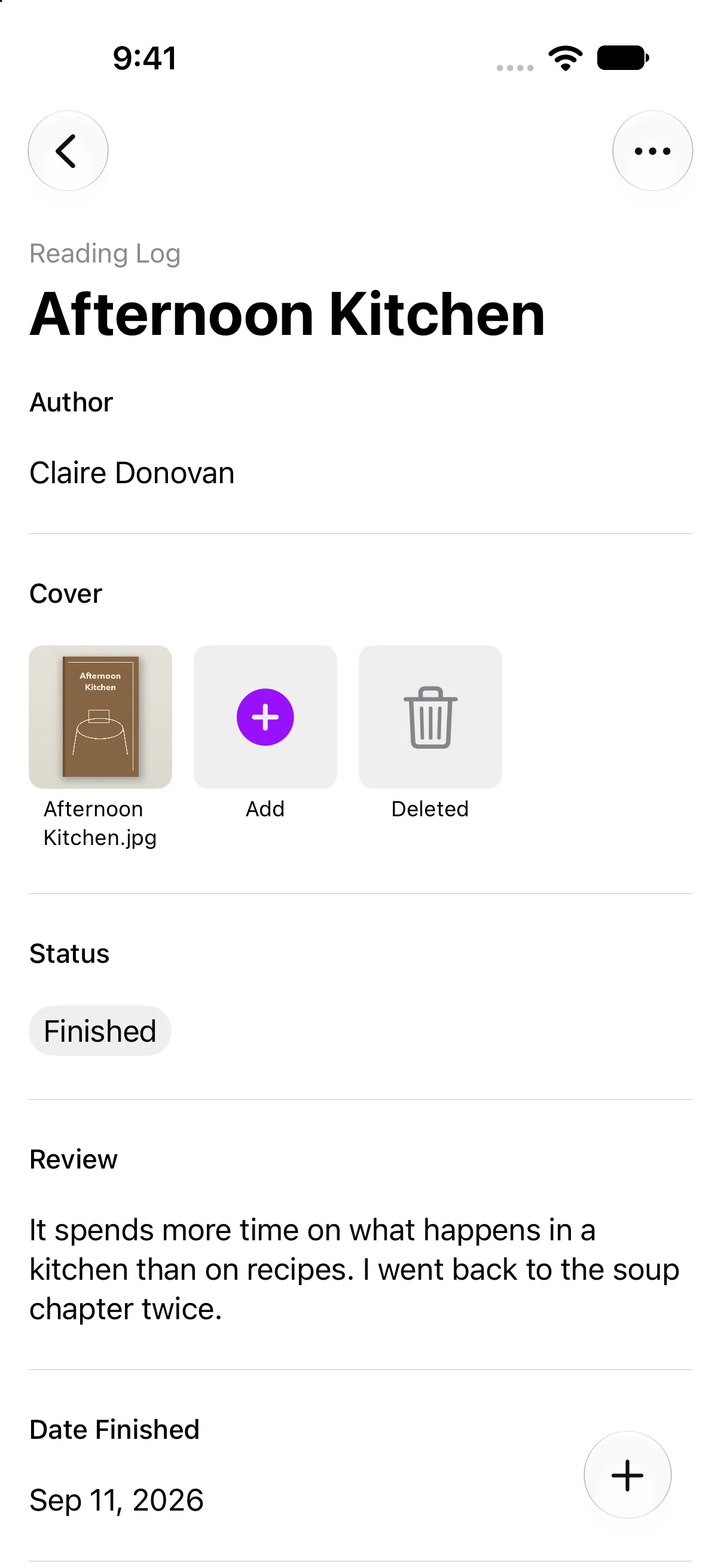 A reading log entry with a cover and review on iPhone