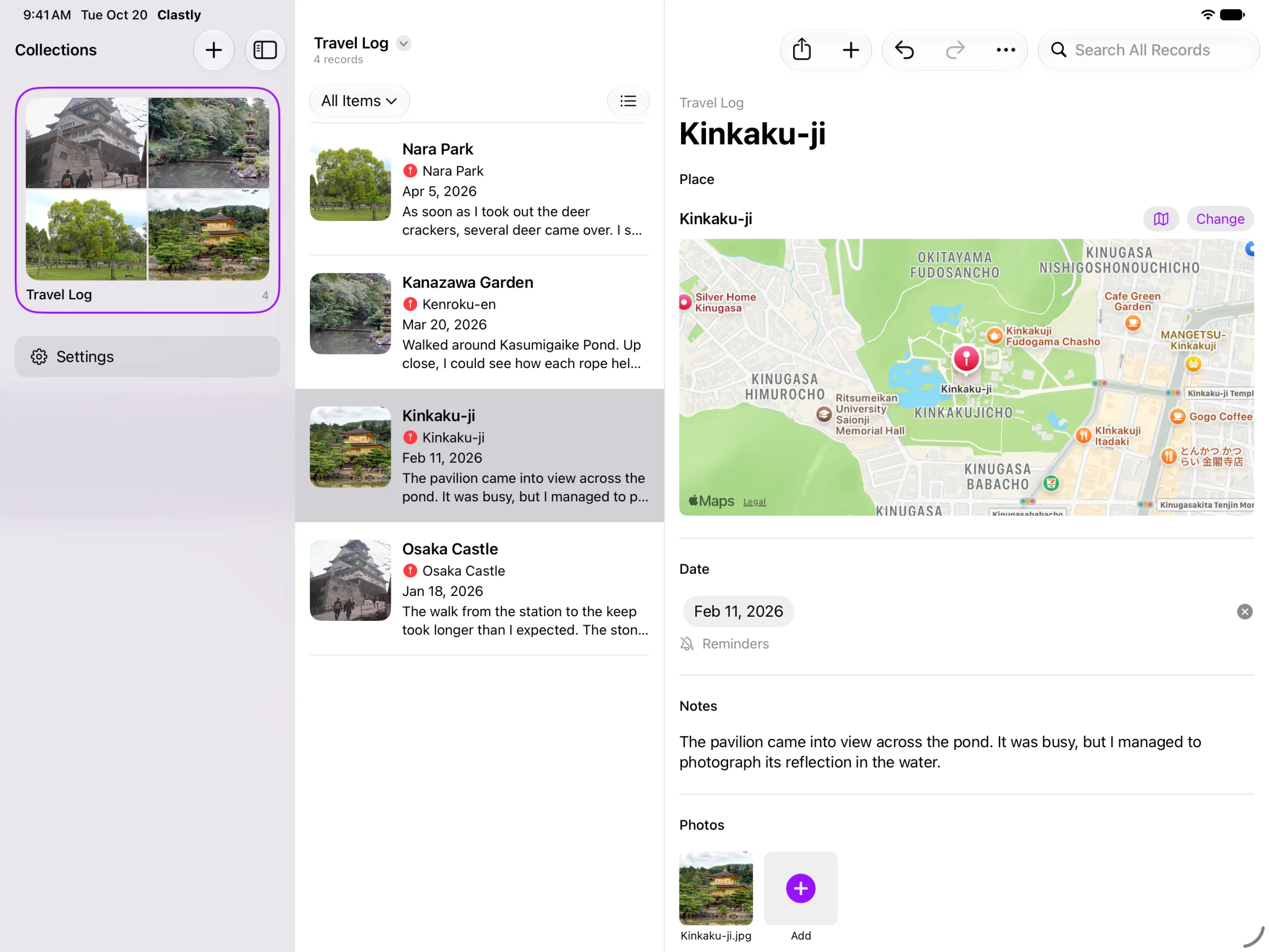 A travel log entry with a map and photos on iPad