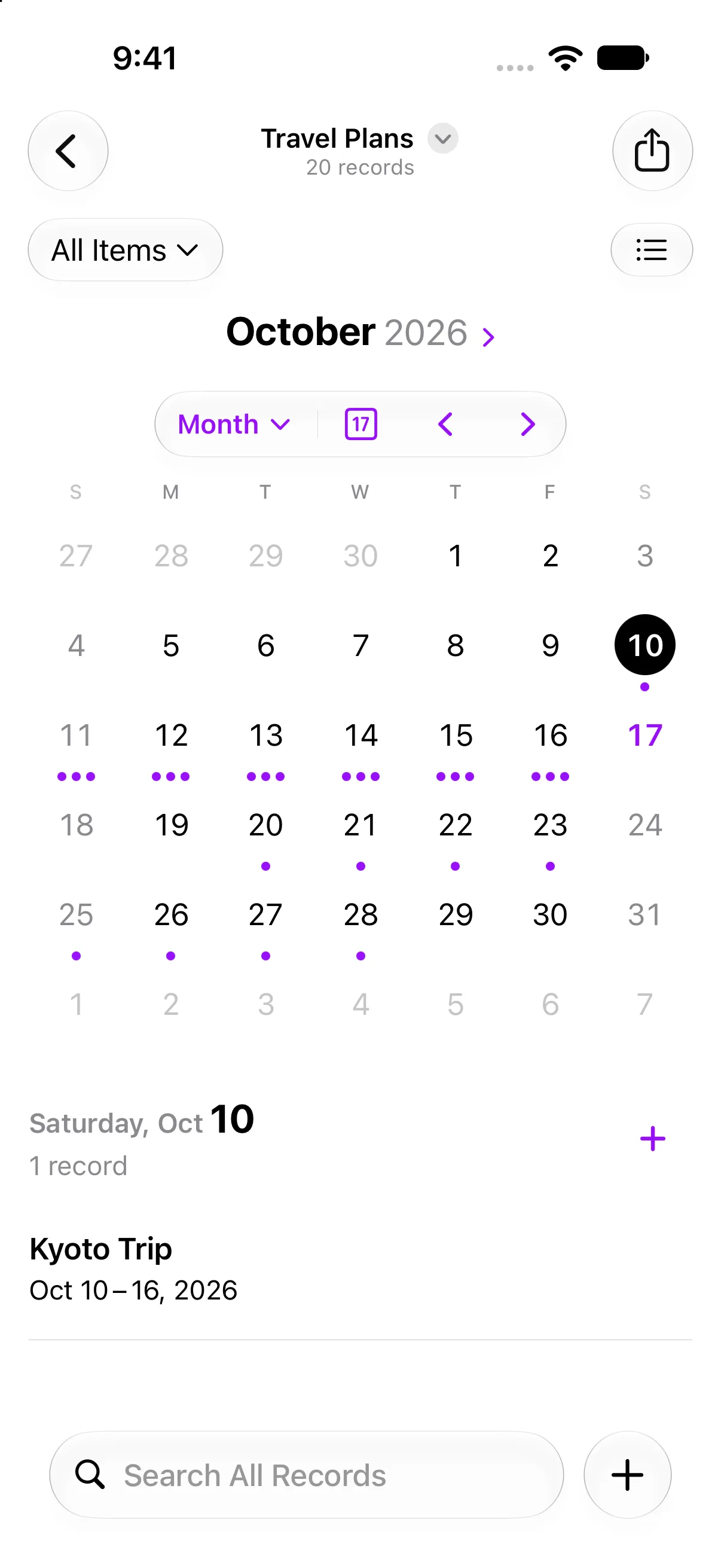 Trip plans in calendar view on iPhone
