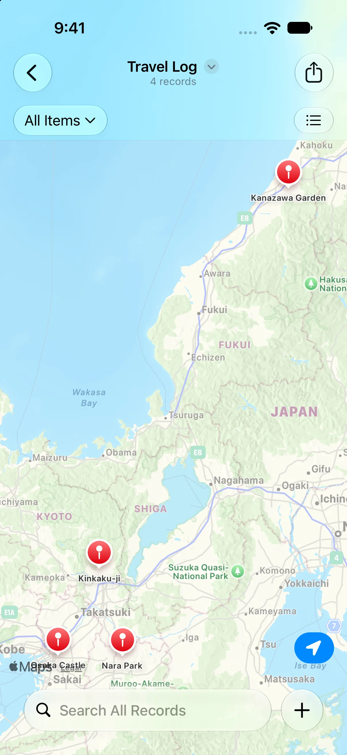 A travel log in map view on iPhone