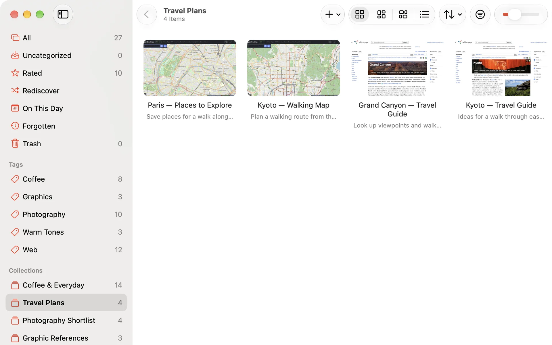 Crabwise in English with the Travel Plans collection selected, showing four saved web pages with maps and travel guides
