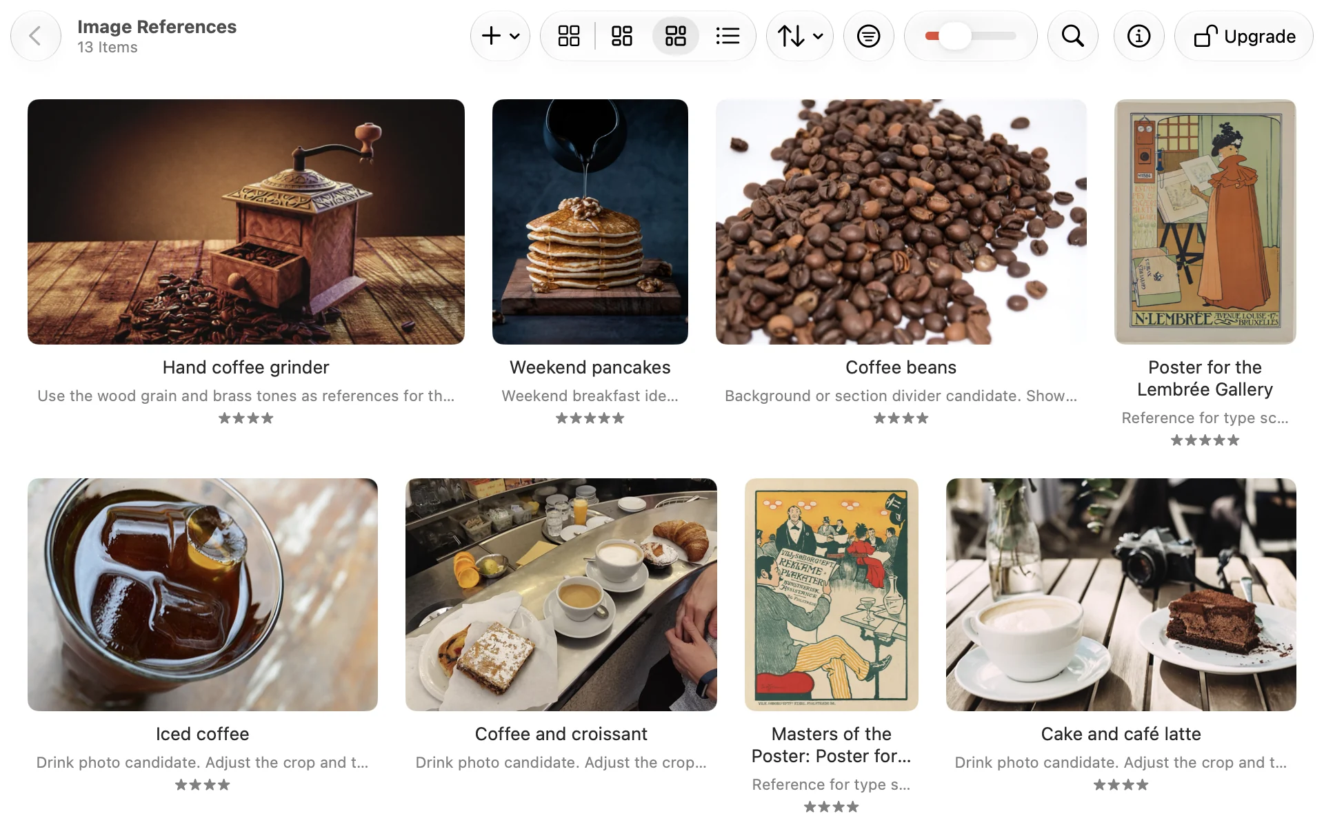 Crabwise in English showing the Image References collection in Justified view, with coffee photographs and posters at their original aspect ratios