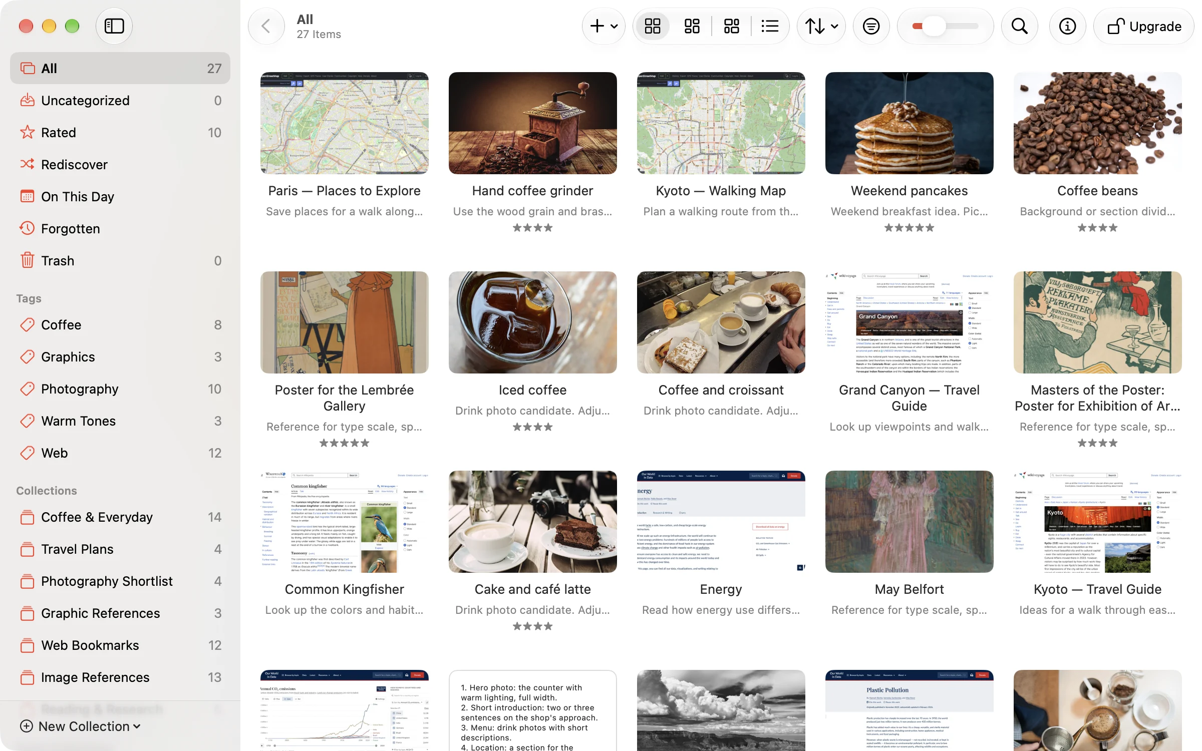 Crabwise in English showing a library of images, web links, and notes in Grid view, with tags and collections in the sidebar
