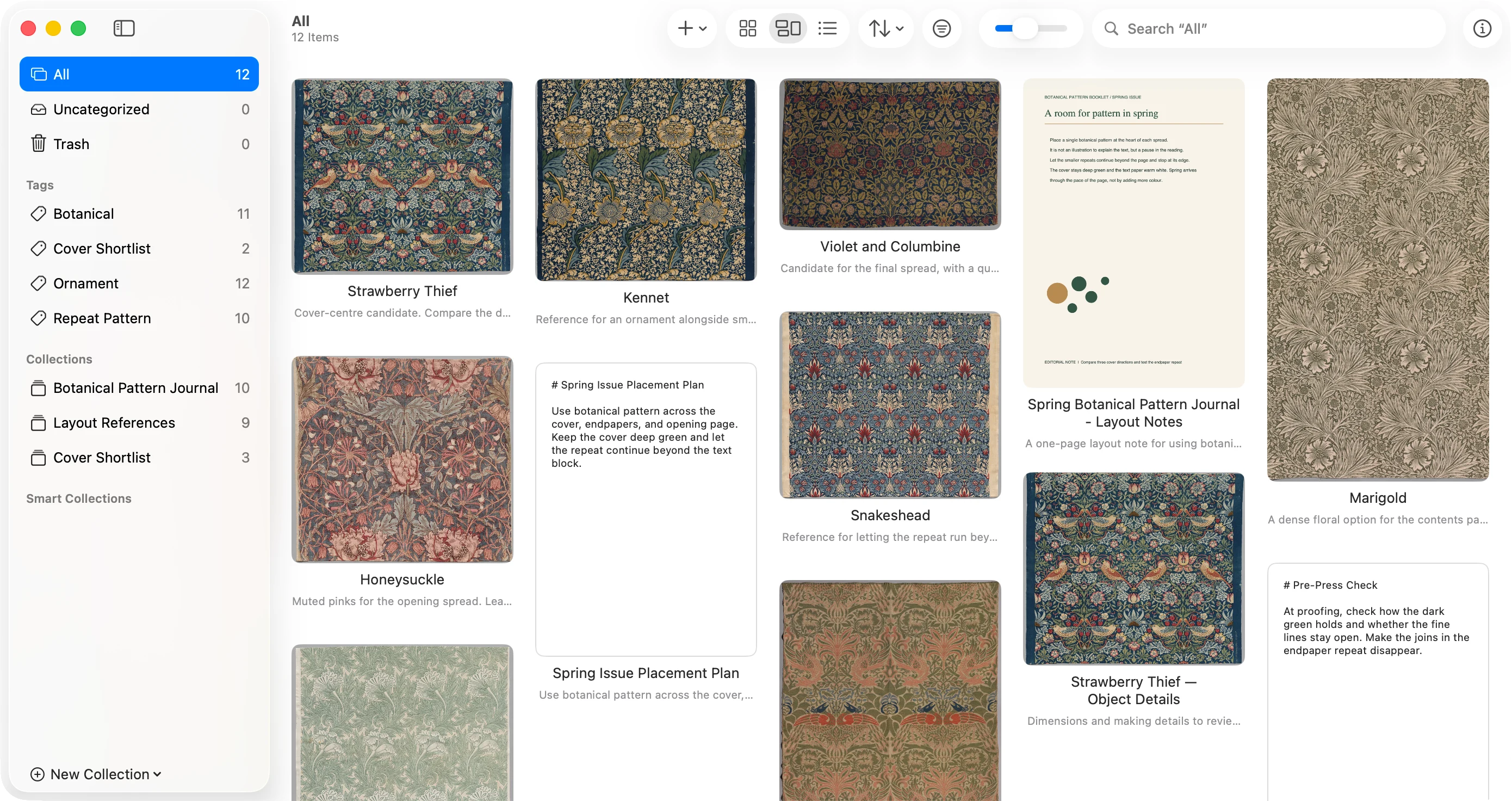 Crabwise in English, showing a masonry library of botanical images, a PDF, web links, and notes