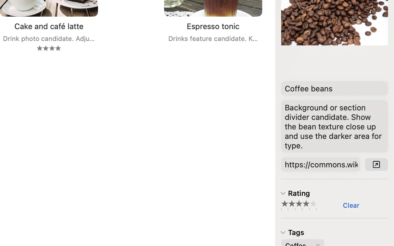 Crabwise inspector in English for the Coffee beans image, with a note and a four-star rating
