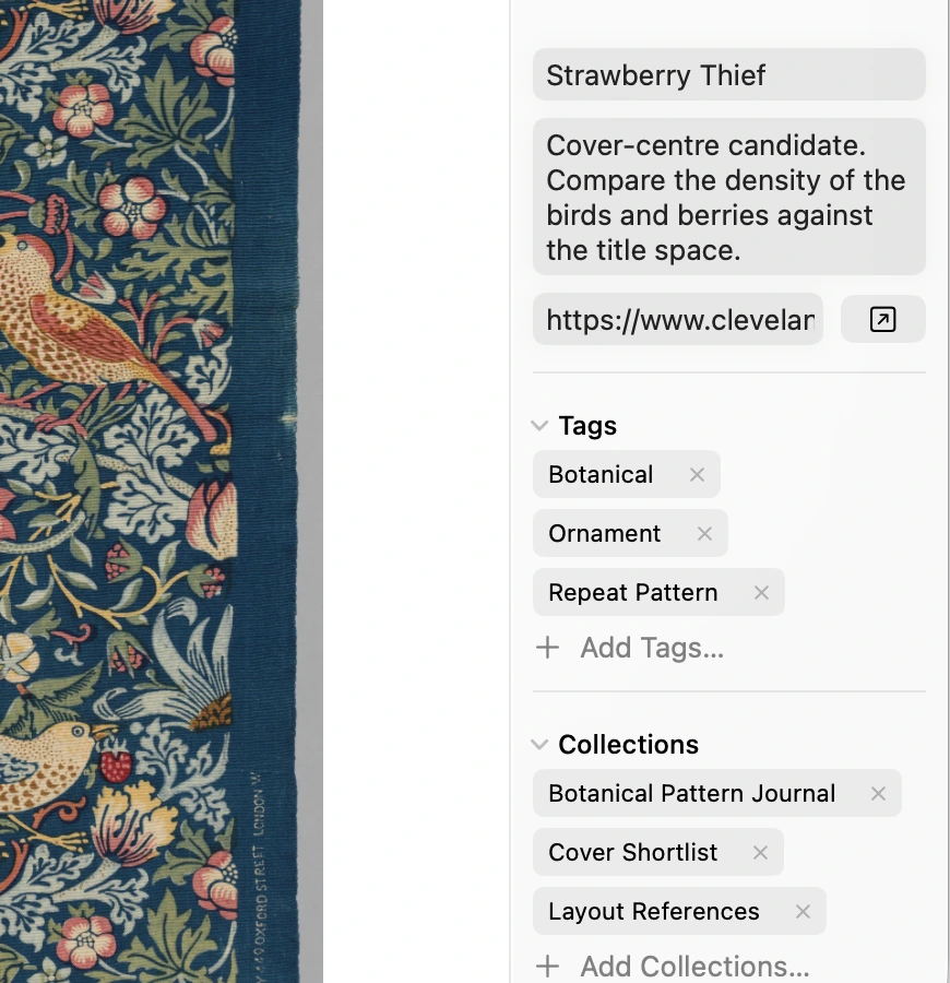 The inspector with notes, source URL, tags, and collections