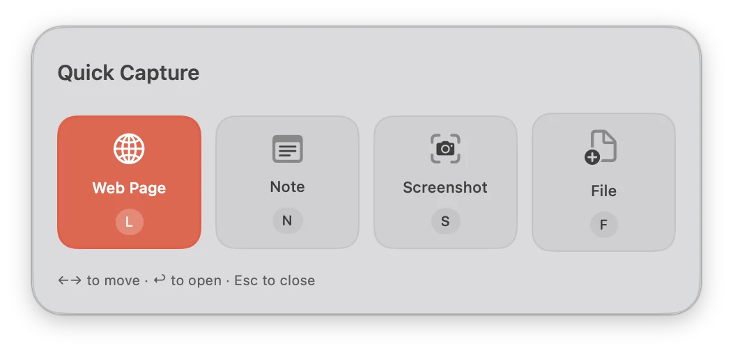Crabwise Quick Capture in English, with Web Page, Note, Screenshot, and File options