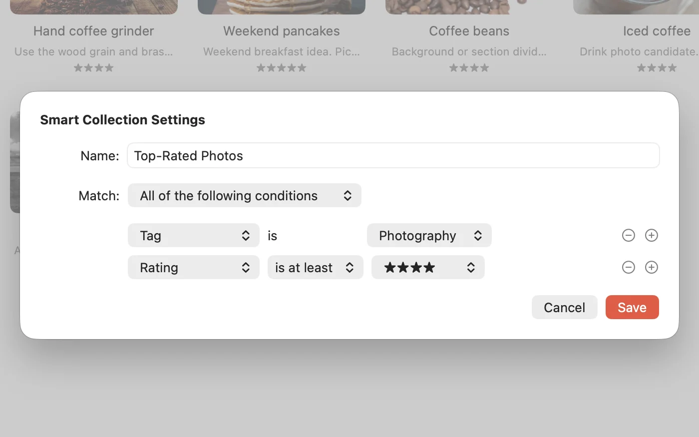 Crabwise Smart Collection Settings in English with the rules Tag is Photography and Rating is at least four stars