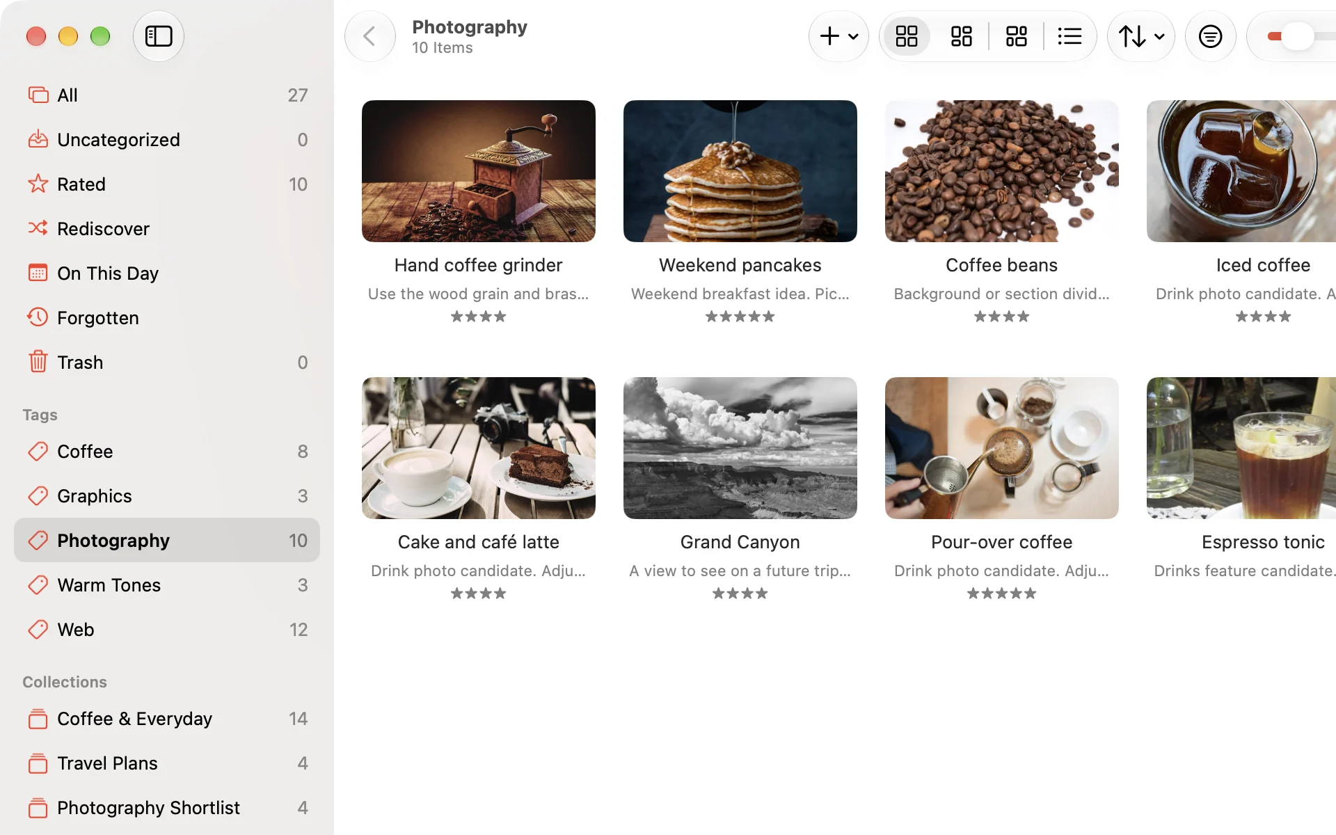 Crabwise in English with the Photography tag selected, showing ten tagged items in Grid view
