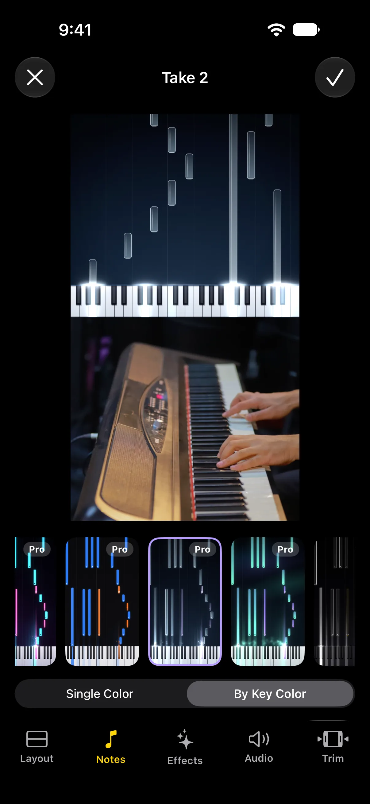 The Goldtake editor: a piano roll on top, video of hands below, and samples of each look