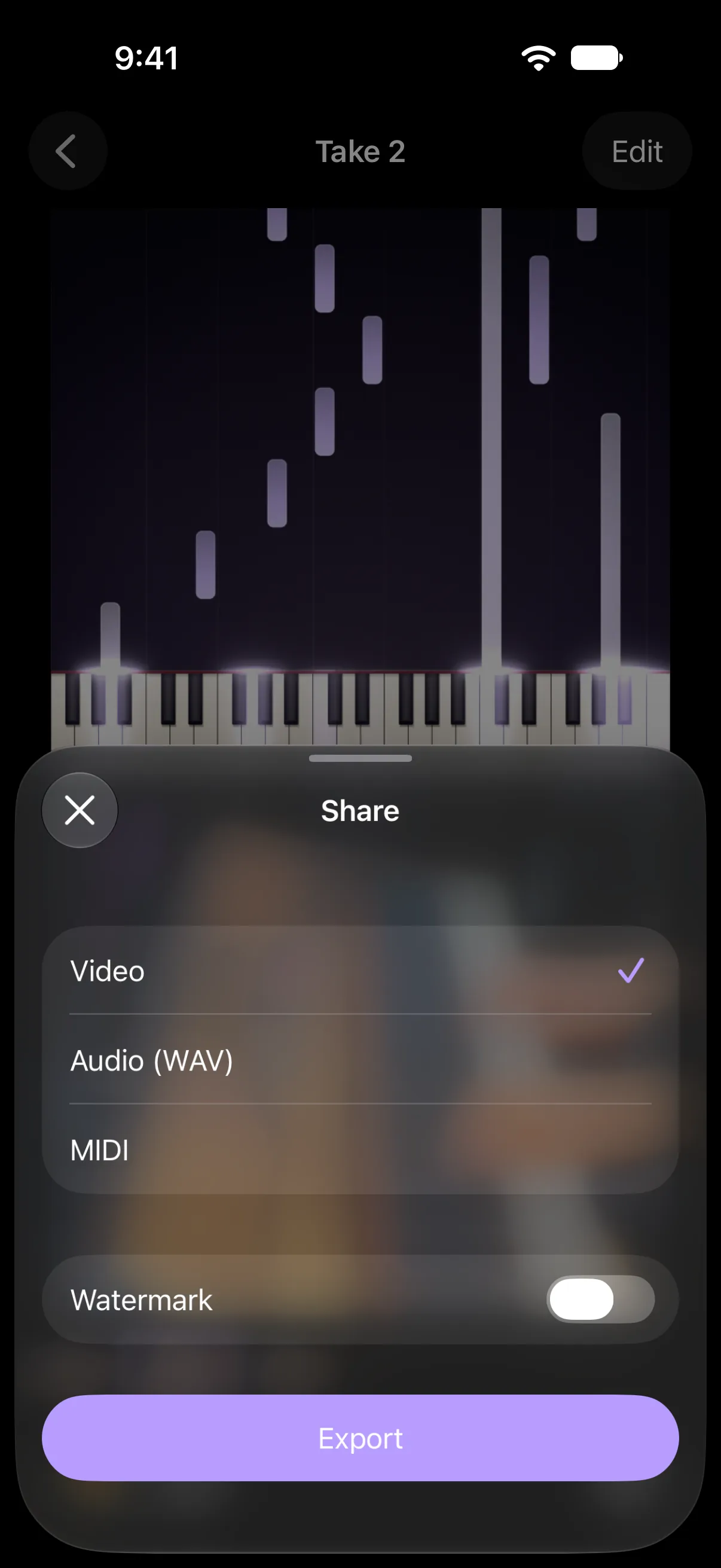 The Goldtake share sheet, exporting video, audio (WAV), or MIDI