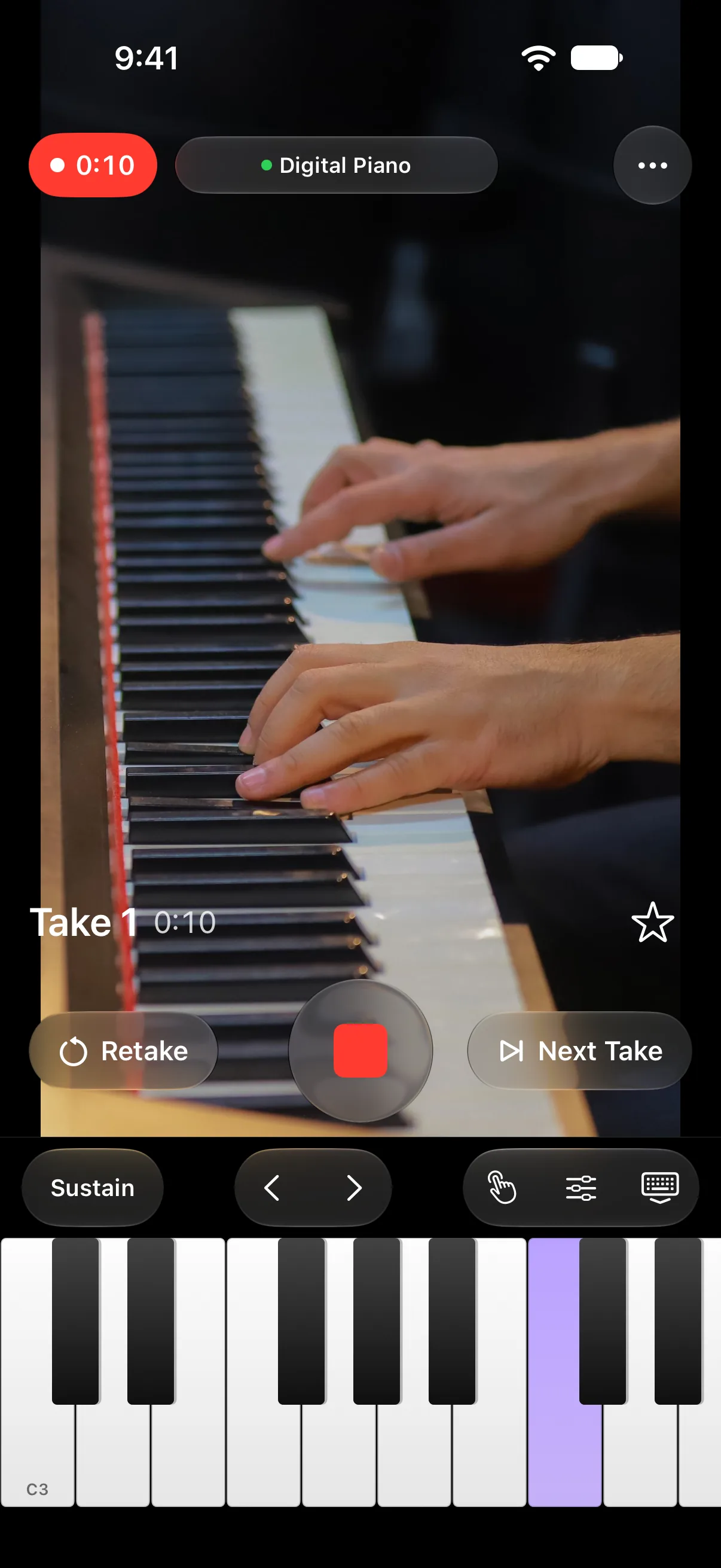 The Goldtake recording screen with the Retake and Next Take buttons